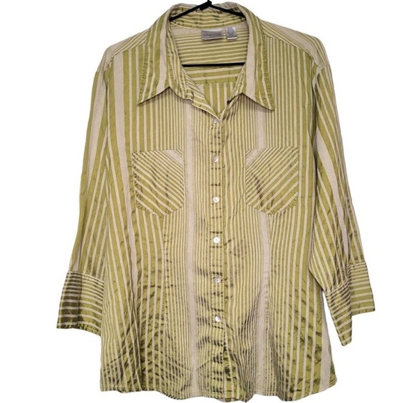 Chico’s Silk Blend Pinstriped Top Shirt Button Up Blouse 1 Small 8 Green - Picture 2 of 6